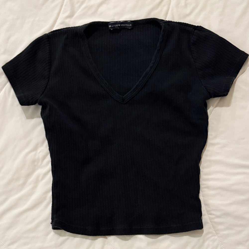 Brandy Melville Black Ribbed V-Neck Short Sleeve Tee